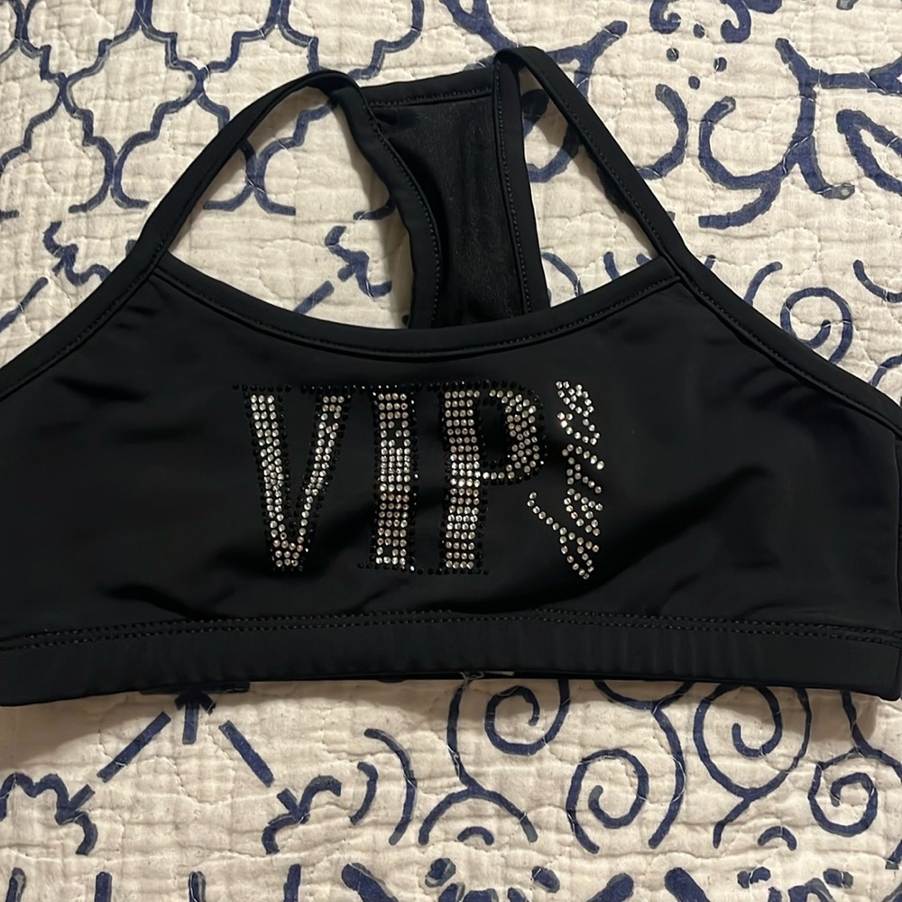 Trendy Trends medium dance top. 8-10. Black VIP dance in silver bling.